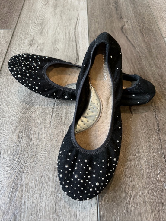 Hush Puppies Shoes - Hush Puppies-Chaste Black Suede Ballet Flats with Silver Stud Accents- Comfort